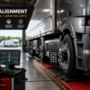 Heavy-duty truck undergoing professional wheel alignment using advanced laser alignment equipment in a modern workshop