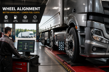 Heavy-duty truck undergoing professional wheel alignment using advanced laser alignment equipment in a modern workshop